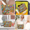Colorful 'Emergency Snacks' pouch with candy-themed design, shown in various settings.